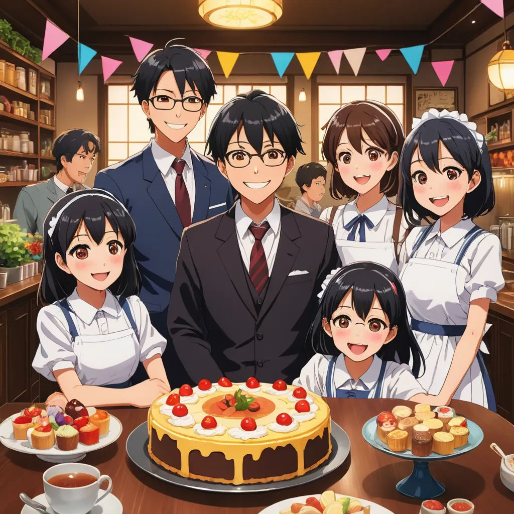 a group of people standing around a cake on a table in a room with flags and buntings, rayonism, an album cover, Ai-Mitsu, official art