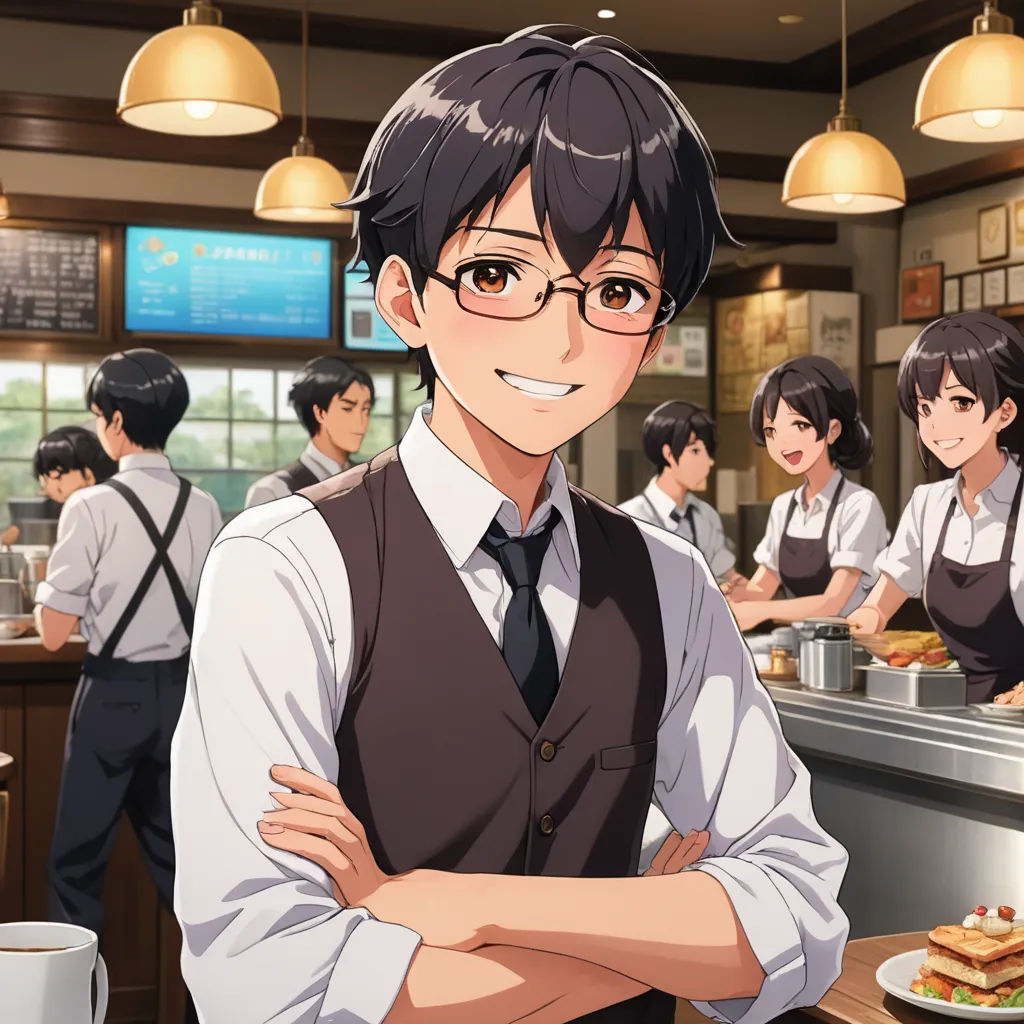 a man standing in front of a counter with a plate of food on it and a group of people behind him, remodernism, a stock photo, Aguri Uchida, official art