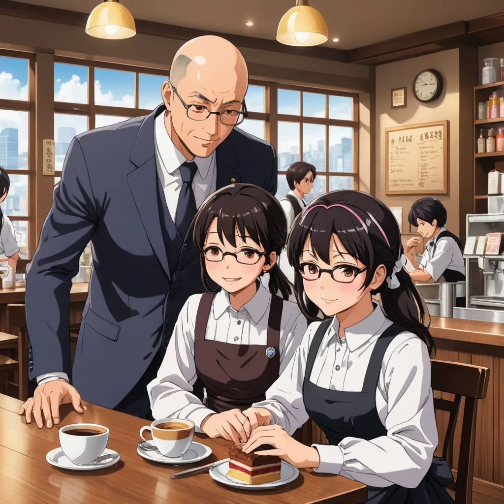 a man and two girls sitting at a table with a cake in front of them and a man standing over them, american scene painting, a detailed painting, Eizan Kikukawa, official art
