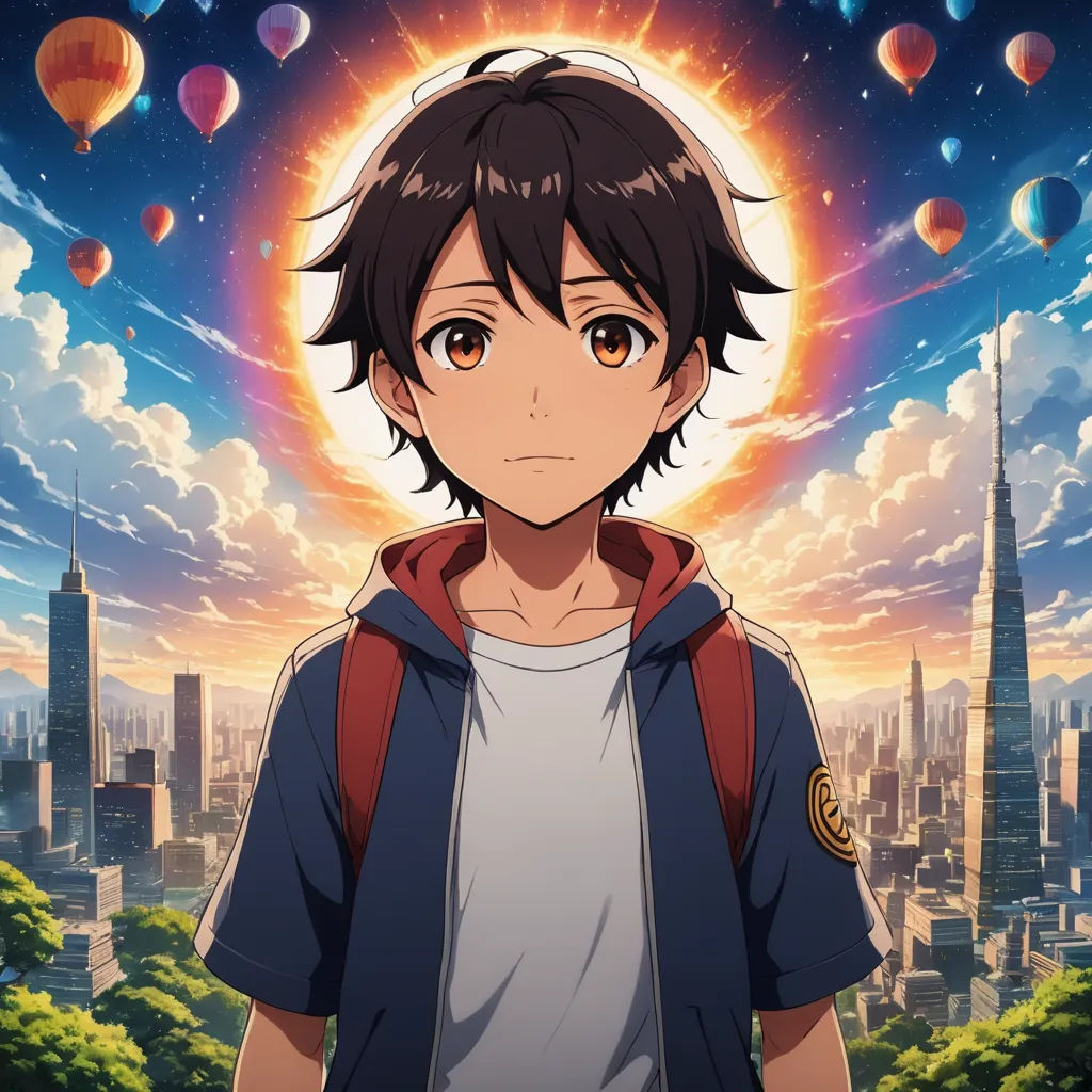 a young man standing in front of a city with hot air balloons in the sky and a sun in the background, sots art, poster art, Ai-Mitsu, anime key visual