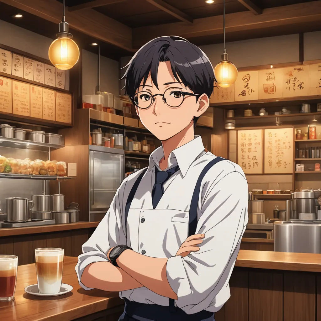 a man standing in a kitchen next to a cup of coffee and a plate of food on a counter, remodernism, concept art, Aguri Uchida, official art