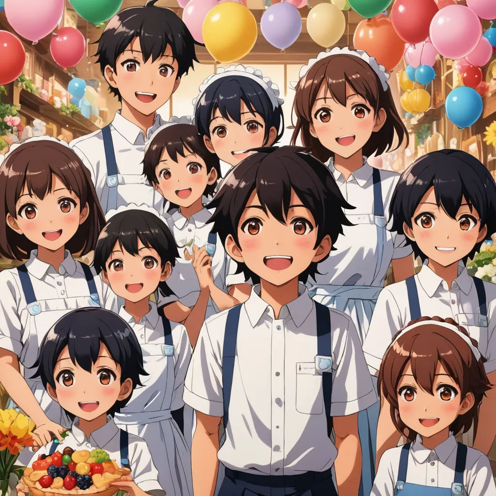 a group of people standing next to each other in front of balloons and balloons in the air with a basket of fruit, remodernism, poster art, Aya Goda, official art