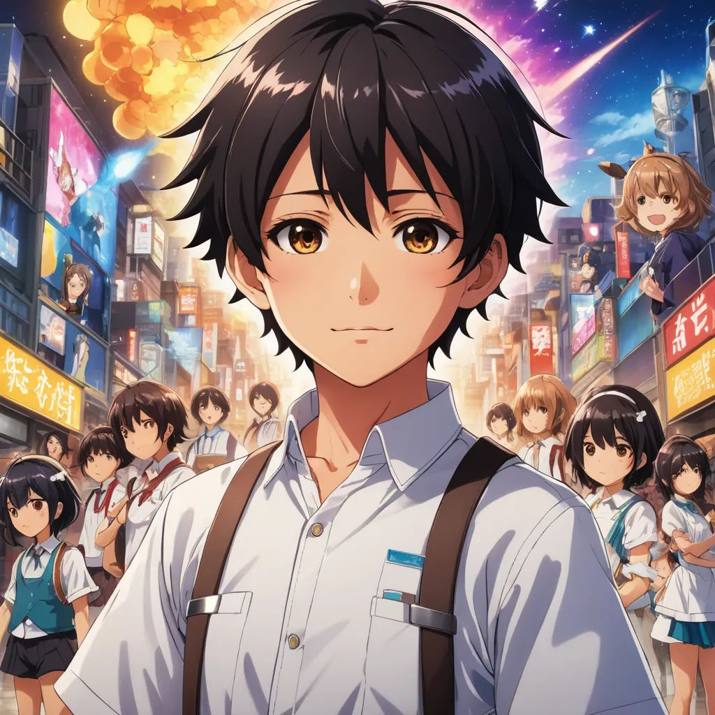 a man in a white shirt and suspenders standing in front of a crowd of people in a city, sots art, poster art, Ai-Mitsu, anime key visual