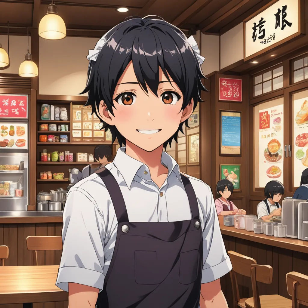 a man standing in front of a counter in a restaurant with food on it and a woman behind him, remodernism, concept art, Aguri Uchida, official art