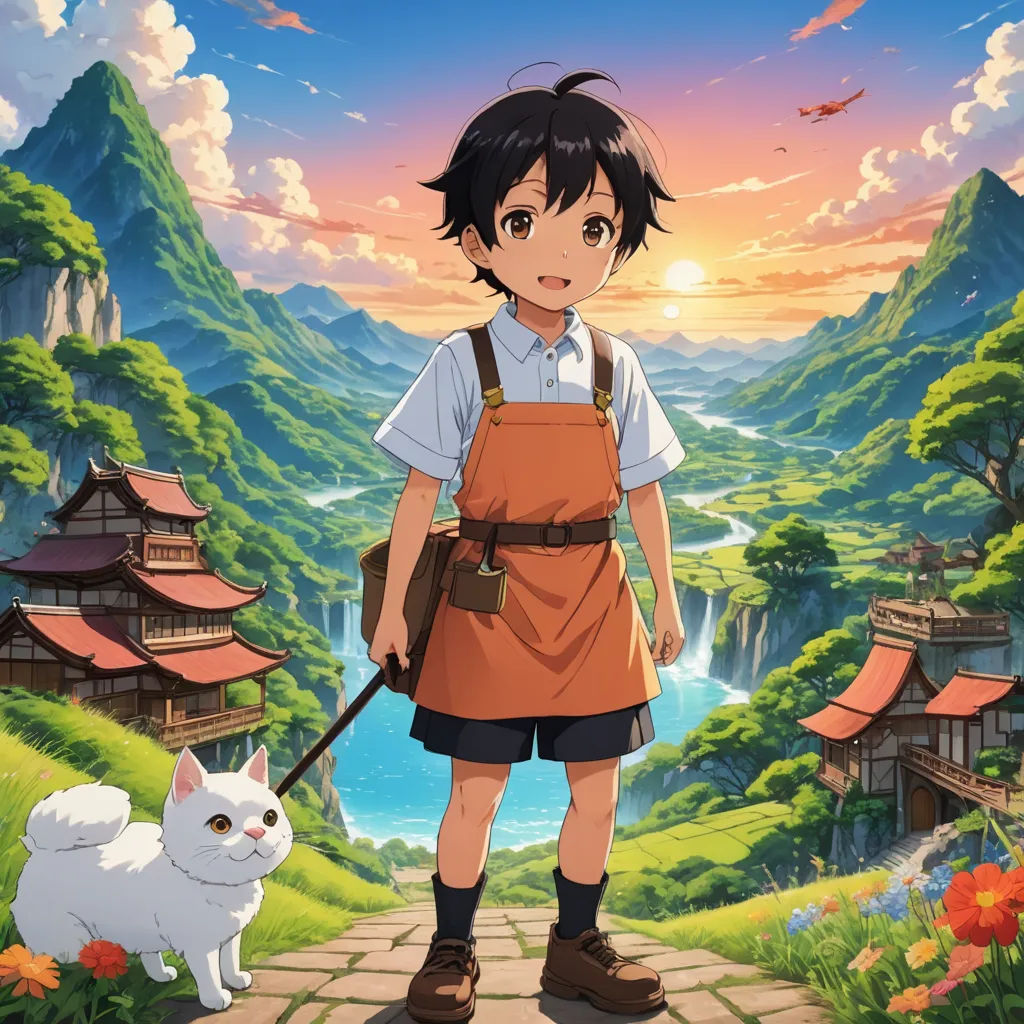 a young girl standing on a path with a dog in front of her and a mountain in the background, magical realism, a character portrait, Ai-Mitsu, anime key visual