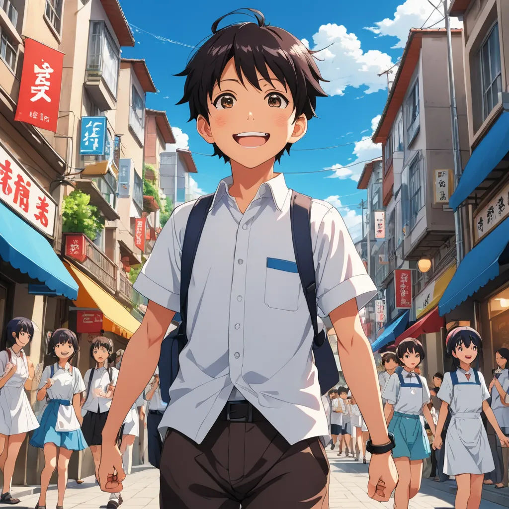 a man in a school uniform standing in front of a crowd of people on a street with buildings in the background, rayonism, poster art, Aguri Uchida, anime key visual