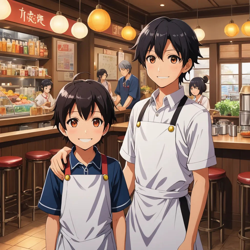 a couple of people standing in a kitchen next to each other in front of a counter top oven and a counter, rayonism, concept art, Ai-Mitsu, official art