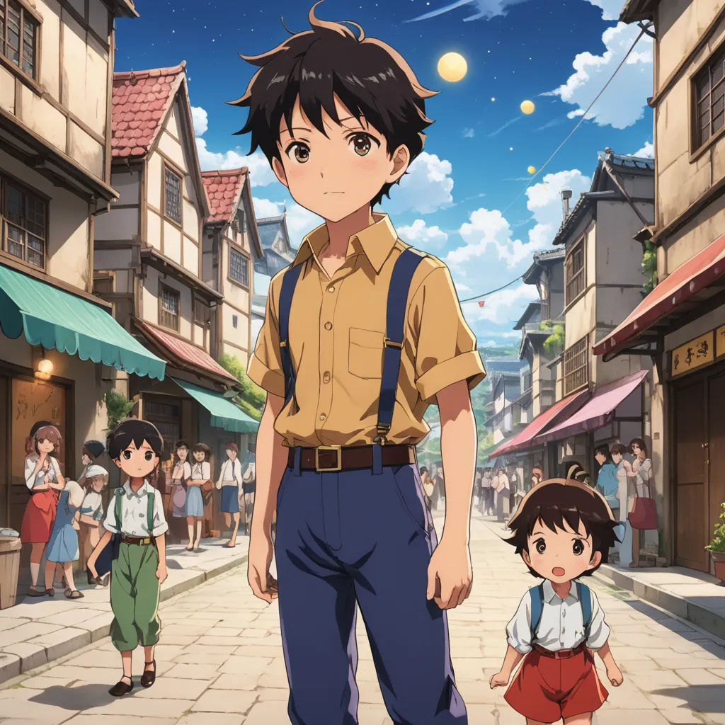 a man standing in front of a crowd of people on a street with buildings in the background and a girl walking by, magical realism, concept art, Eizan Kikukawa, ufotable