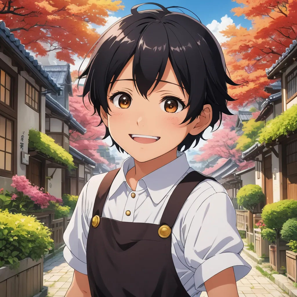a woman in a white shirt and brown apron standing in front of a tree with red leaves on it, american scene painting, a character portrait, Aguri Uchida, official art