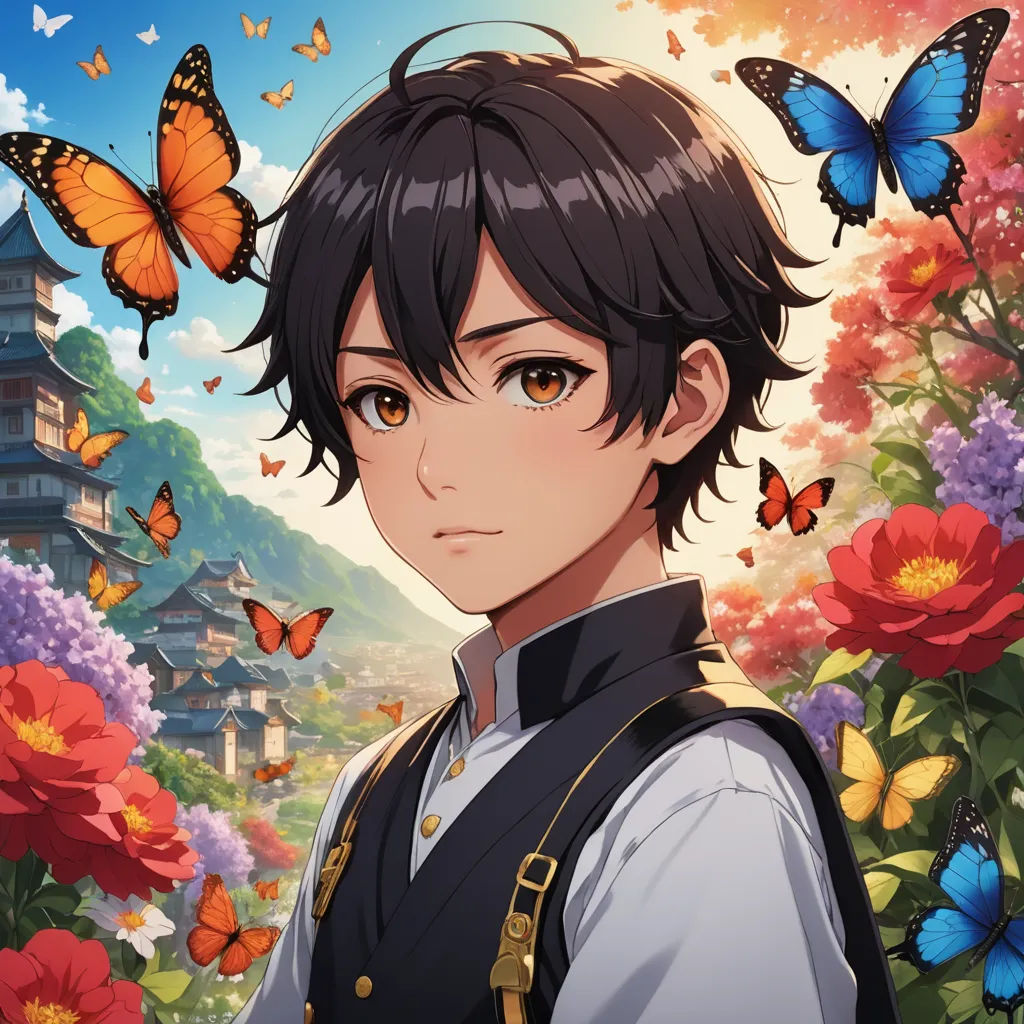 a boy in a field of flowers with butterflies flying around him and a castle in the background with a blue sky, sots art, a character portrait, Ai-Mitsu, official art