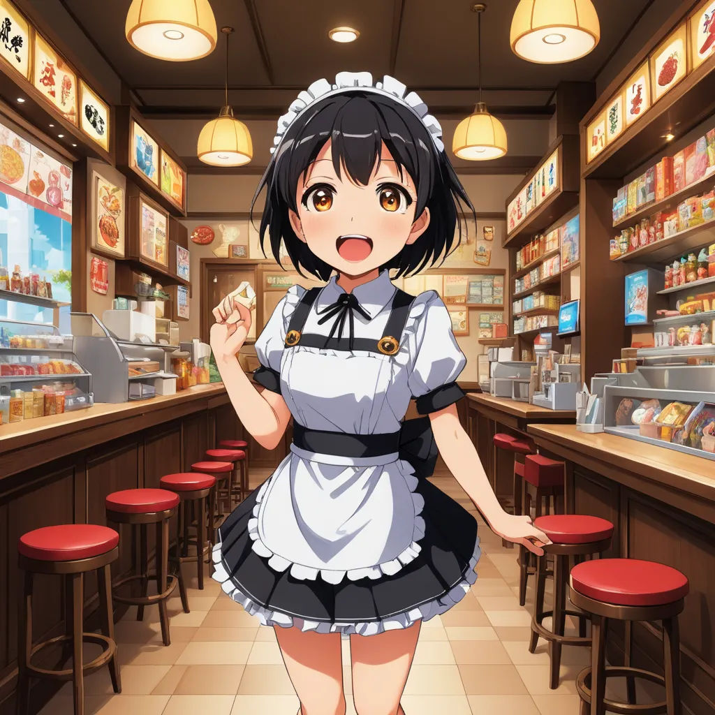 a woman in a restaurant with a bunch of stools and a counter with food on it and a red stool, remodernism, concept art, Chizuko Yoshida, official art