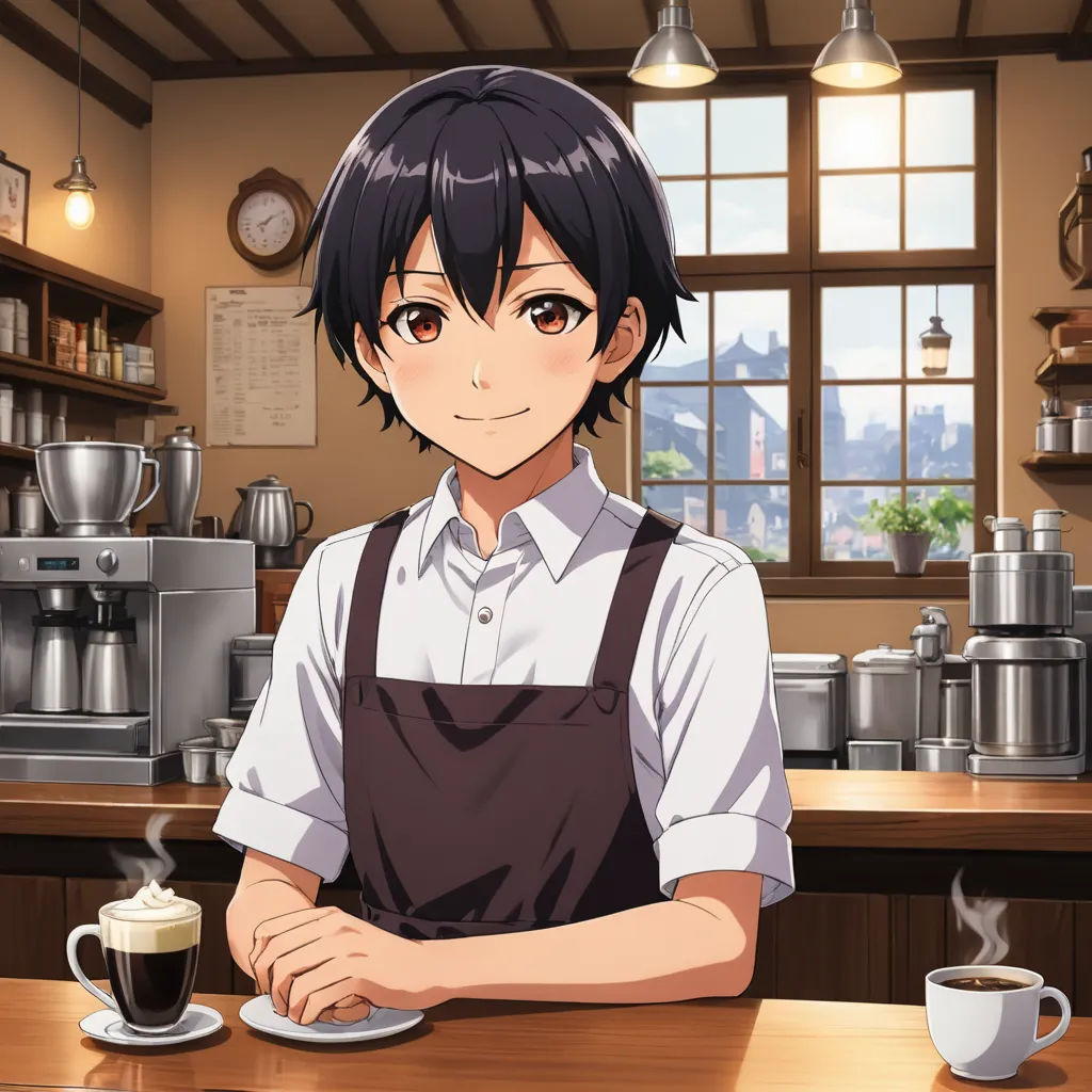 a man sitting at a table with a cup of coffee in front of him and a coffee maker behind him, remodernism, a character portrait, Aguri Uchida, official art