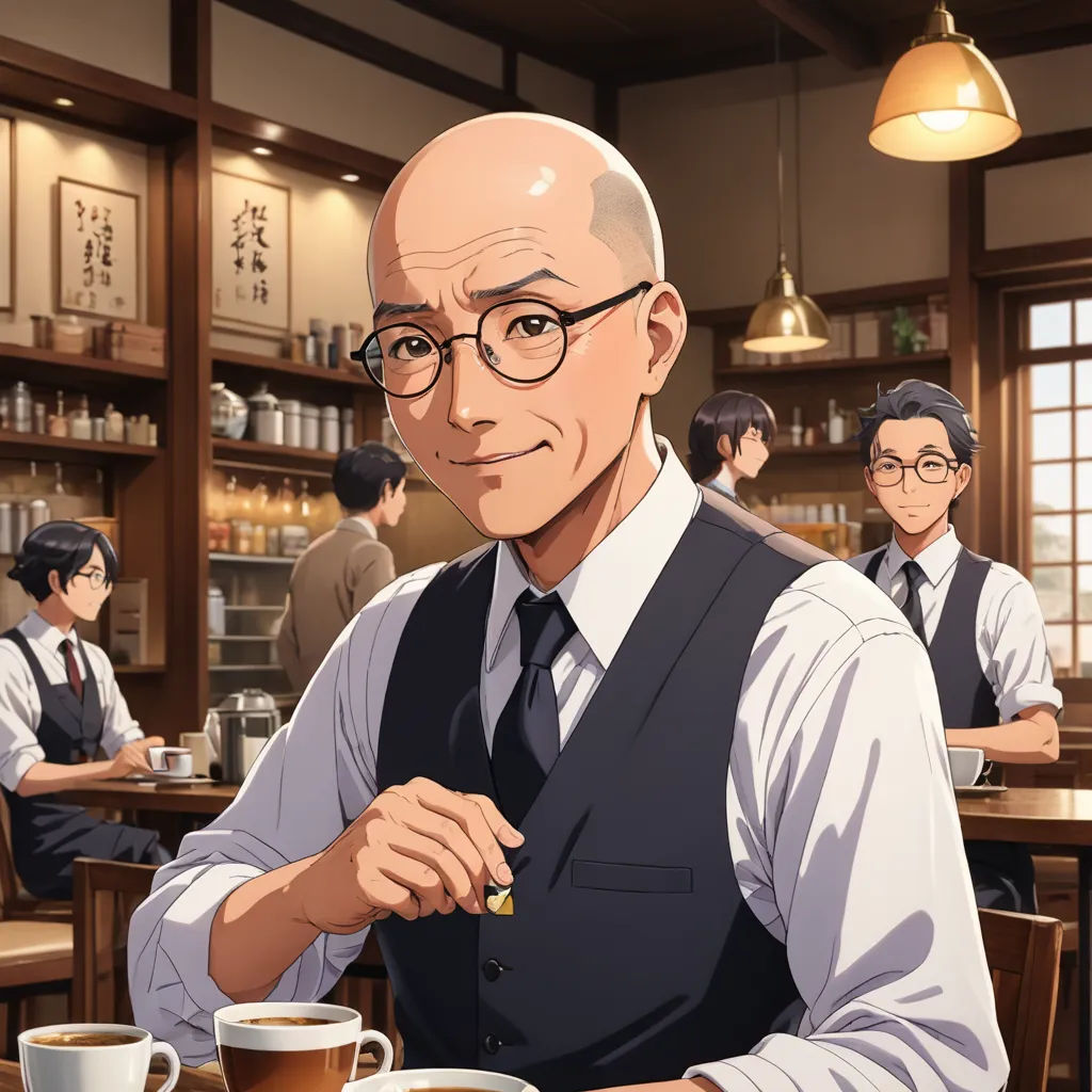 a man sitting at a table with a cup of coffee in front of him and another man standing behind him, remodernism, a character portrait, Awataguchi Takamitsu, official art