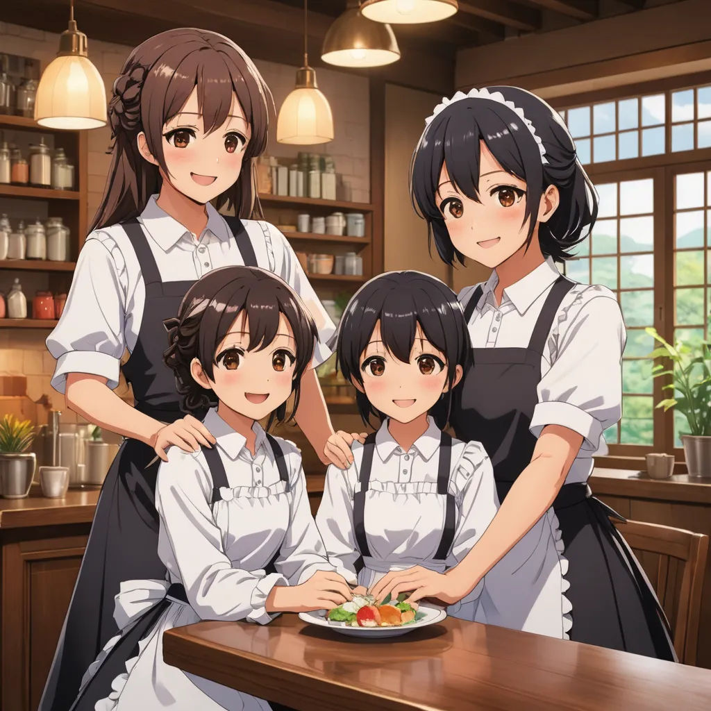 a group of people standing around a plate of food on a table in a kitchen with a window in the background, rayonism, concept art, Aya Goda, official art