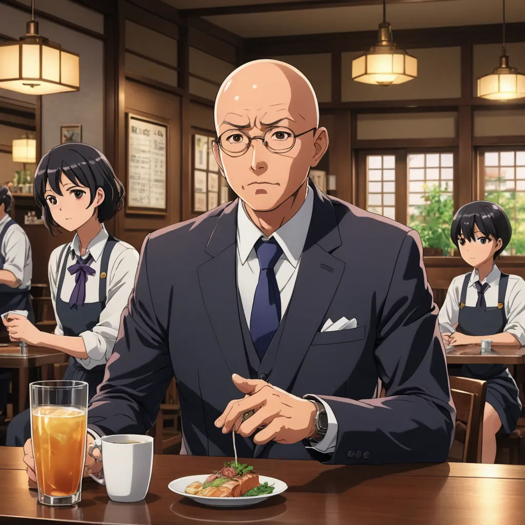 a man sitting at a table with a plate of food in front of him and a glass of juice, american realism, concept art, Eizan Kikukawa, official art