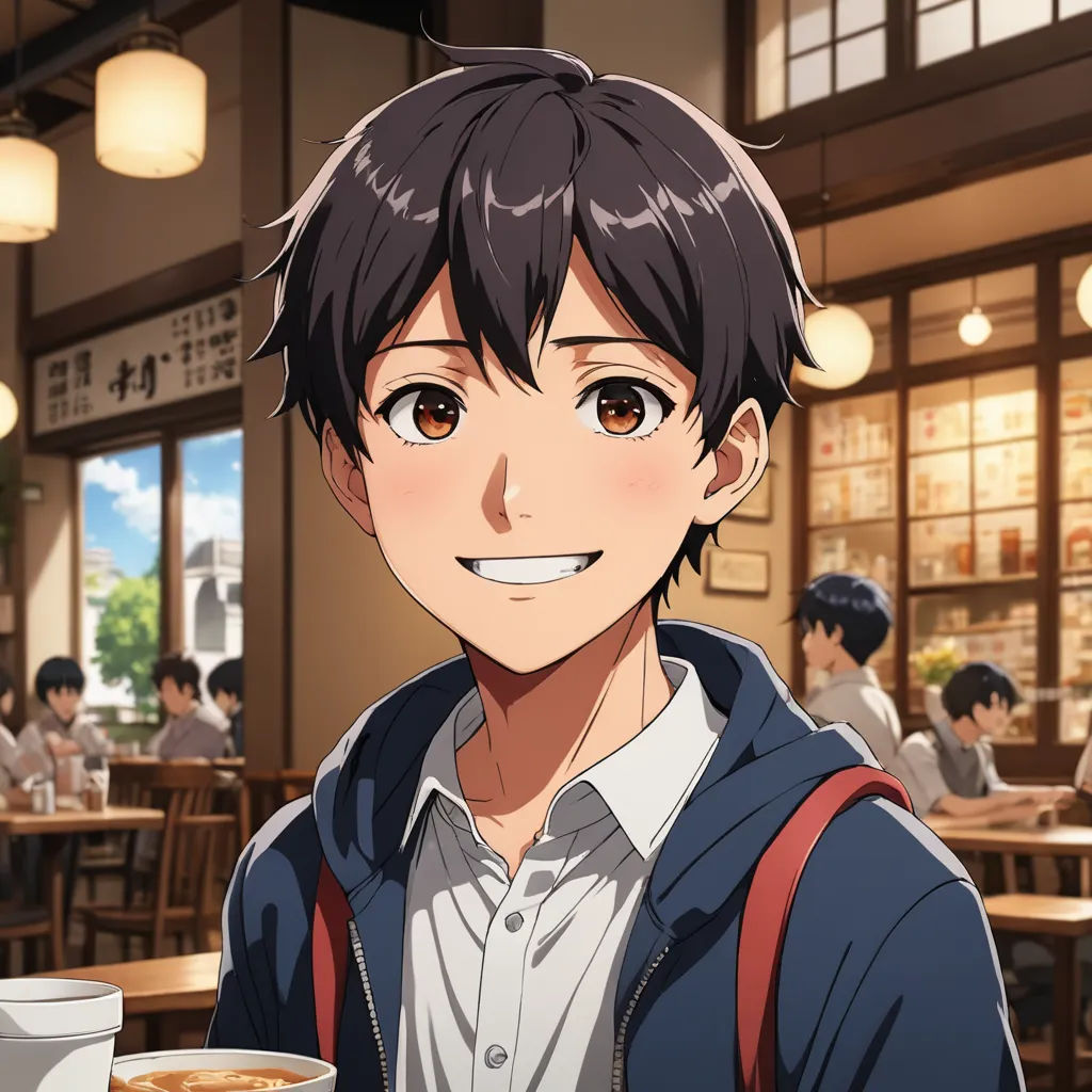 a man with a backpack standing in front of a table with a cup of coffee in front of him, sots art, a character portrait, Adam Manyoki, official art