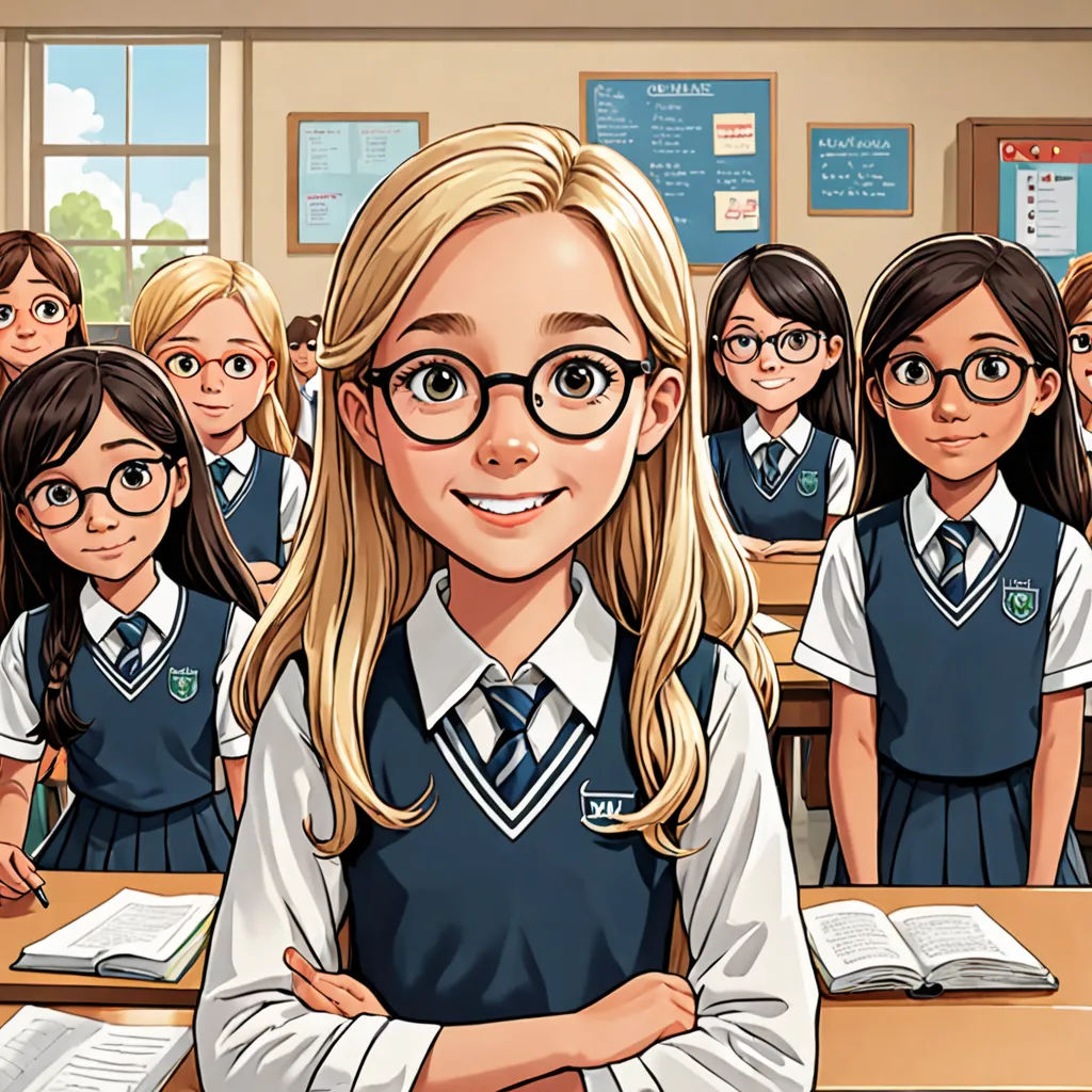 a cartoon of a girl in a classroom with her arms crossed and a group of other girls behind her, danube school, a comic book panel, Colin Middleton, official art