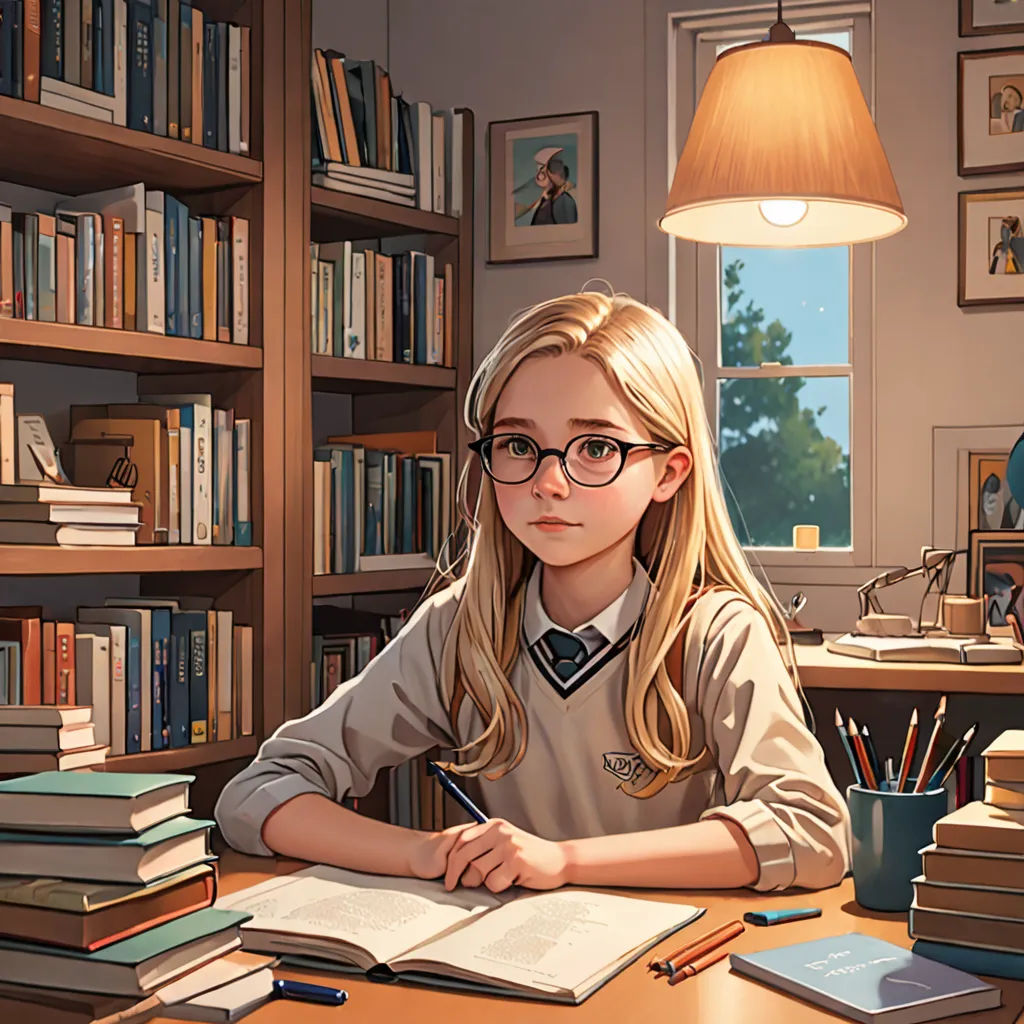 a girl sitting at a desk with a book and a pen in her hand and a lamp above her, academic art, a storybook illustration, Constance Gordon-Cumming, cgstudio
