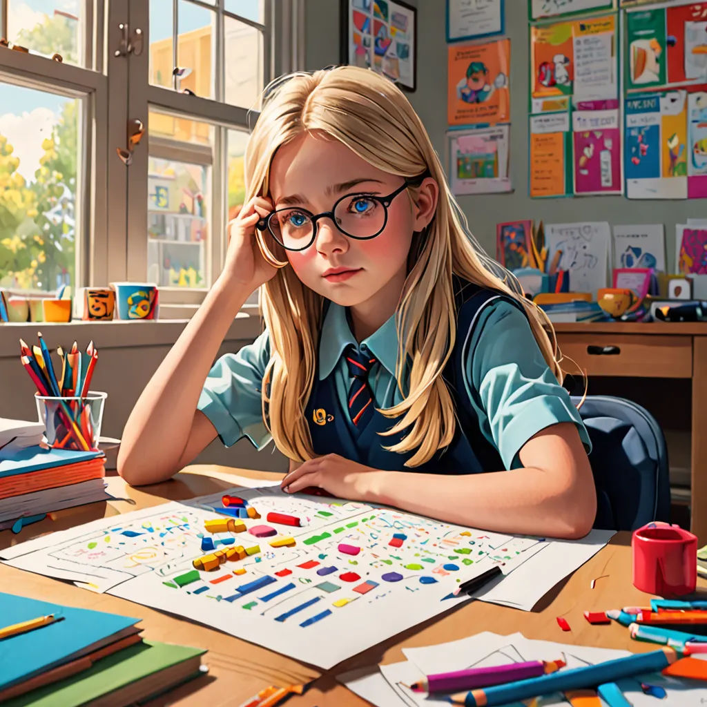 a young girl sitting at a desk with a book and pencils on it, looking at the camera, photorealism, computer graphics, artist, professional digital painting