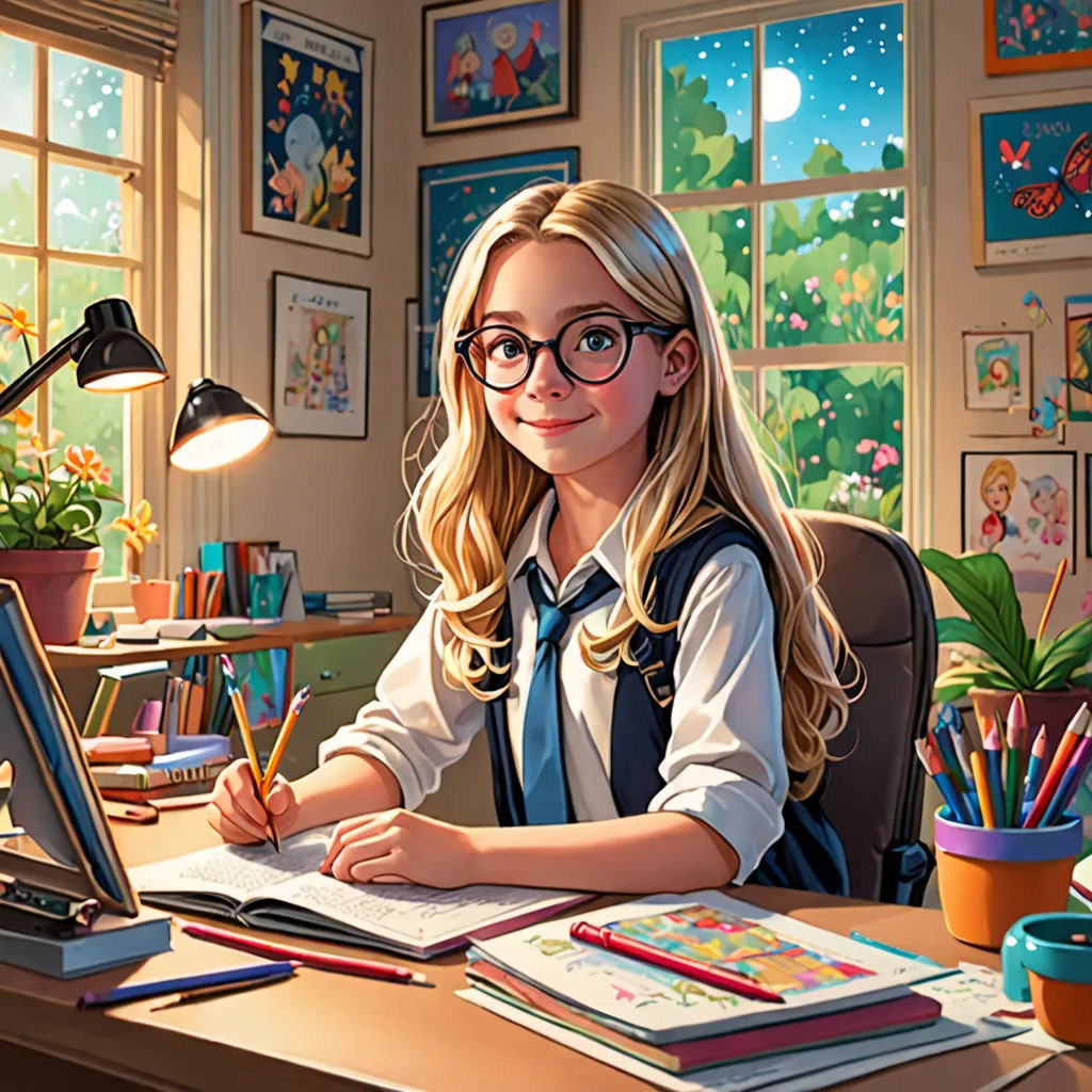 a girl sitting at a desk with a laptop and a book in front of her, with a window behind her, american scene painting, a storybook illustration, Chris LaBrooy, professional digital painting
