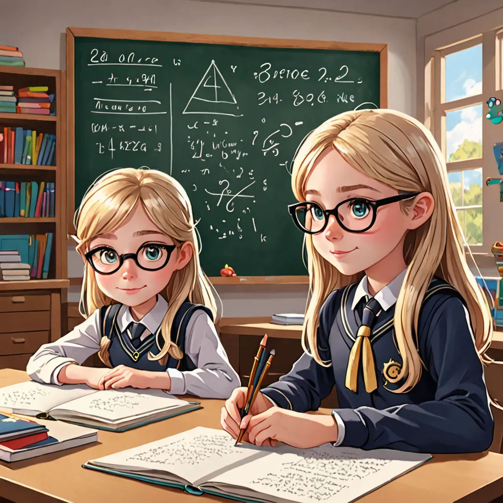two girls sitting at a desk with books and pencils in front of them, with a chalkboard in the background, academic art, a storybook illustration, Artgerm, trending on art station