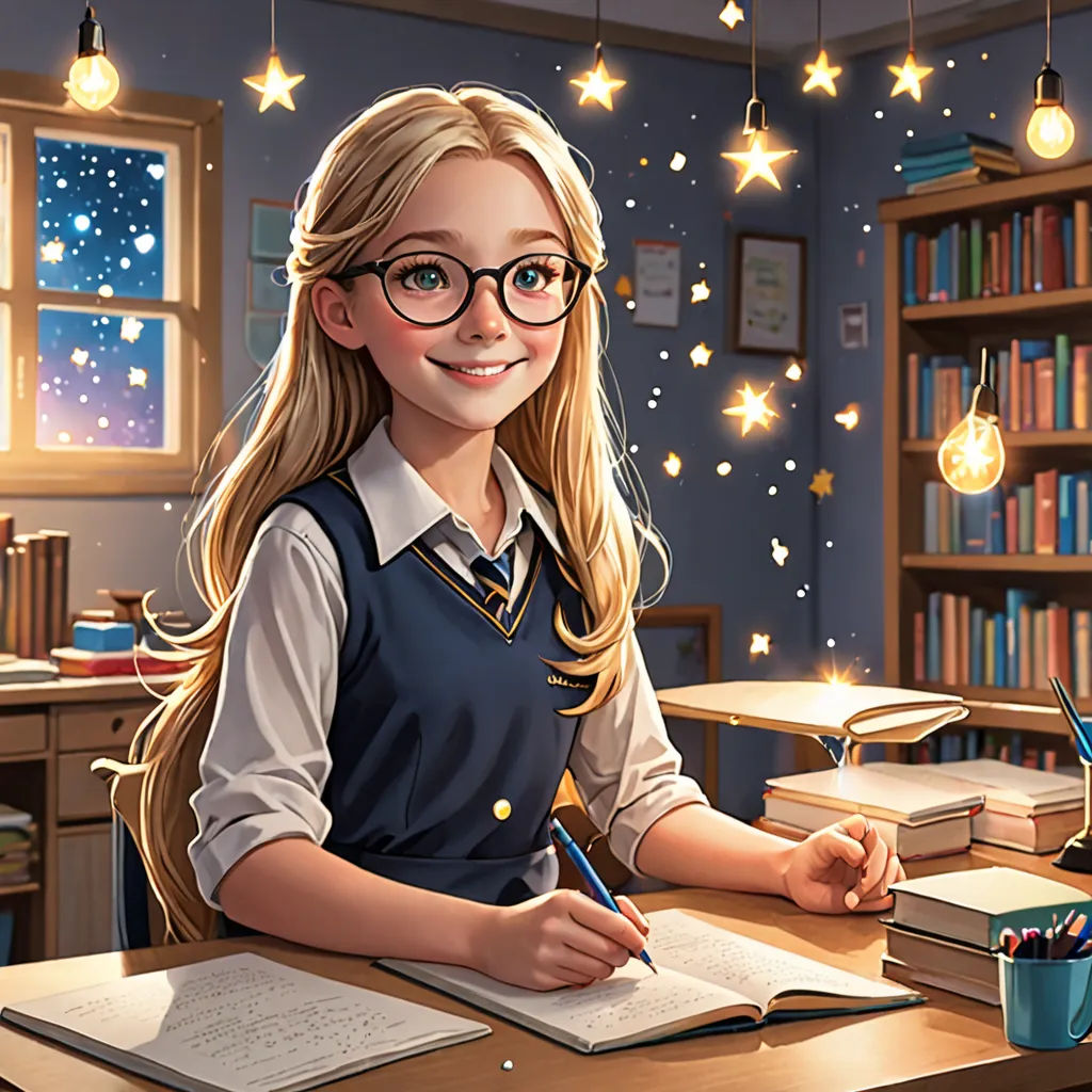 a girl sitting at a desk with a book and pen in her hand and a book in her other hand, fantasy art, a storybook illustration, Artgerm, rossdraws global illumination
