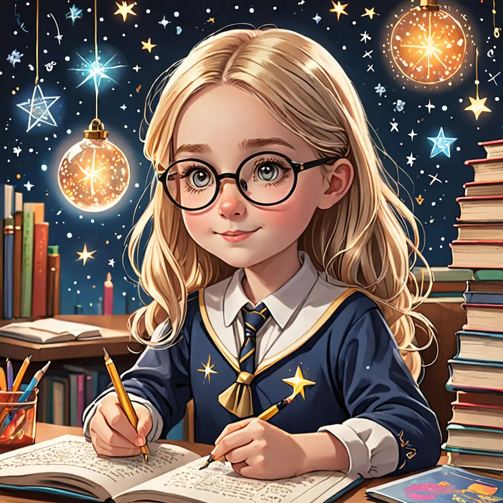 a girl in glasses is writing in a book and surrounded by books and christmas lights and hanging ornaments on a string, fantasy art, a storybook illustration, Artgerm, trending on art station