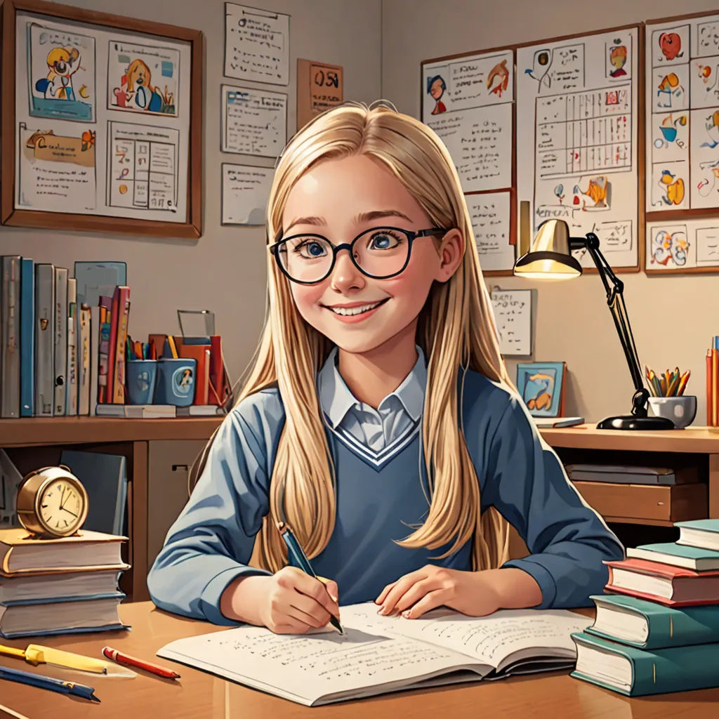 a girl sitting at a desk with a book and pen in her hand and a clock in the background, academic art, a storybook illustration, Bob Byerley, cgstudio