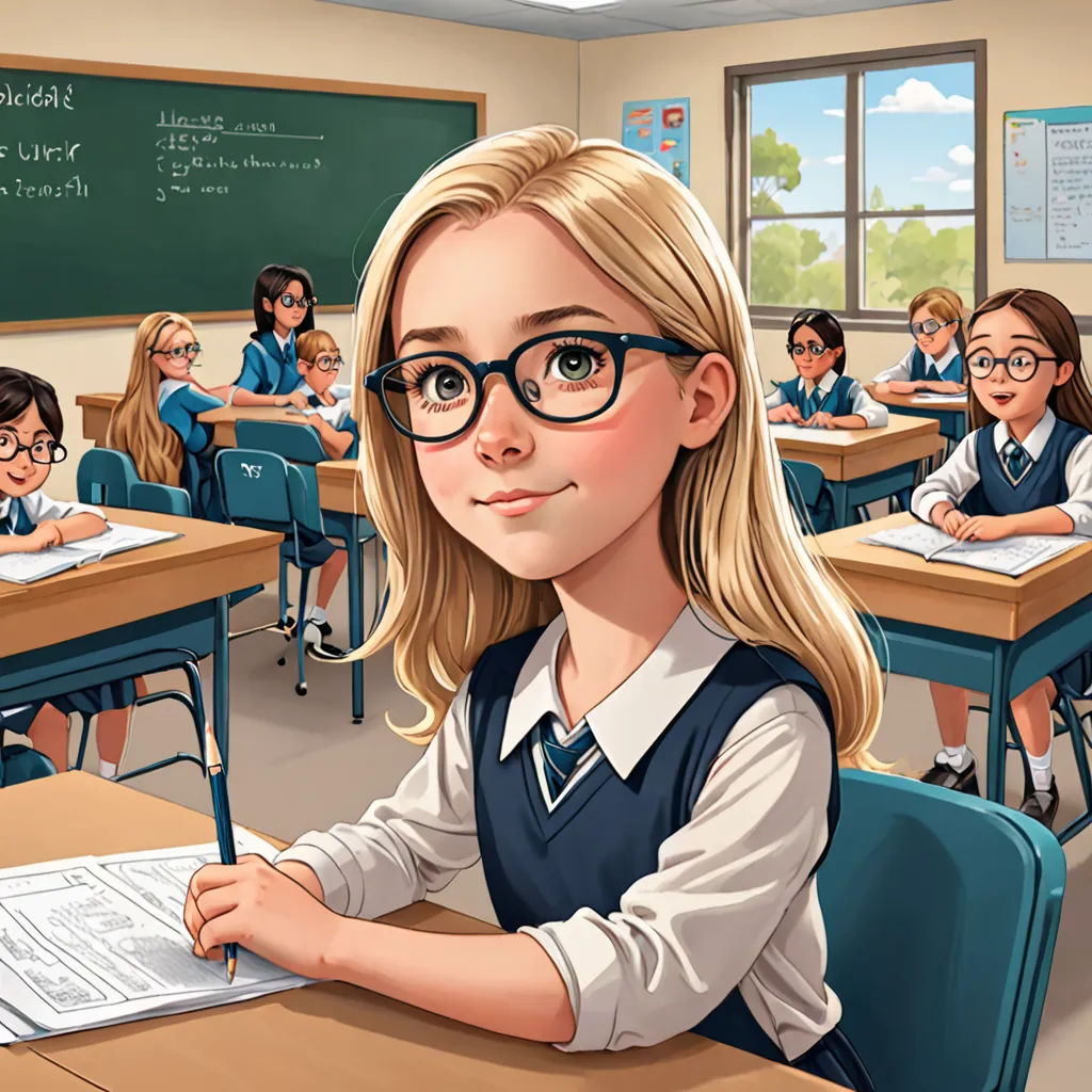 a cartoon of a girl in a classroom with a pencil in her hand and a book in her lap, paris school, a storybook illustration, Constance Gordon-Cumming, official art