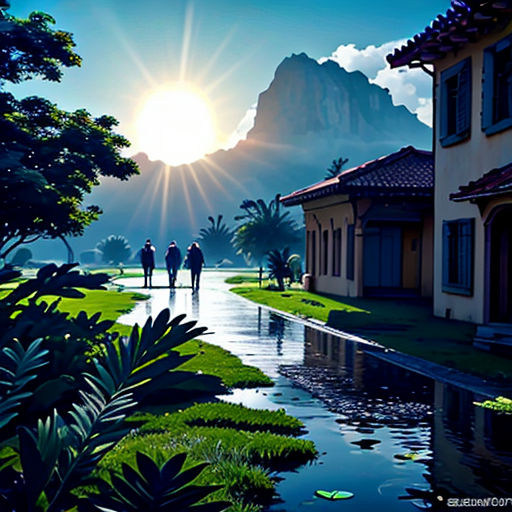 a painting of people walking down a path near a river and a mountain range in the background with the sun shining