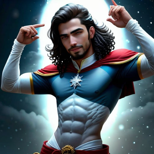 a man in a costume with a sword in his hand and a moon in the background with stars in the sky