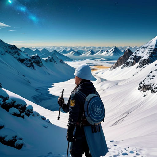 a man in a helmet and coat standing on a snowy mountain with a sword and shield on his back