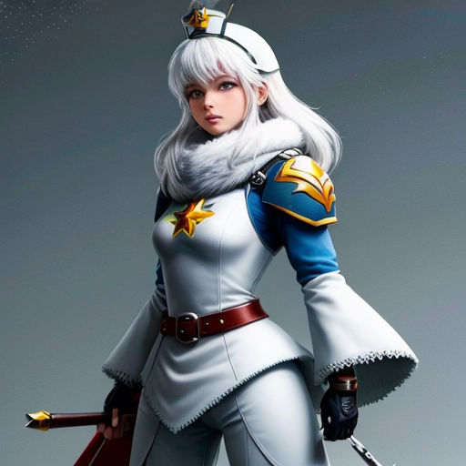 a woman in a white outfit holding a sword and a sword in her hand, with a star on her chest