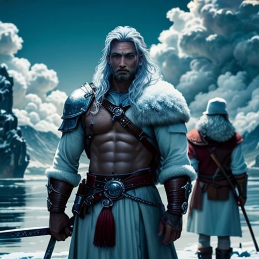 a man in a white outfit standing next to another man in a blue outfit and a white beard and wearing a fur collar