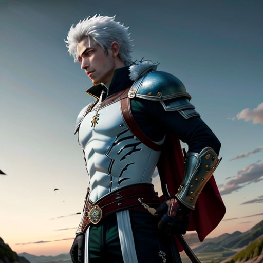a man in a white and blue outfit standing in the middle of a field with a bird flying overhead