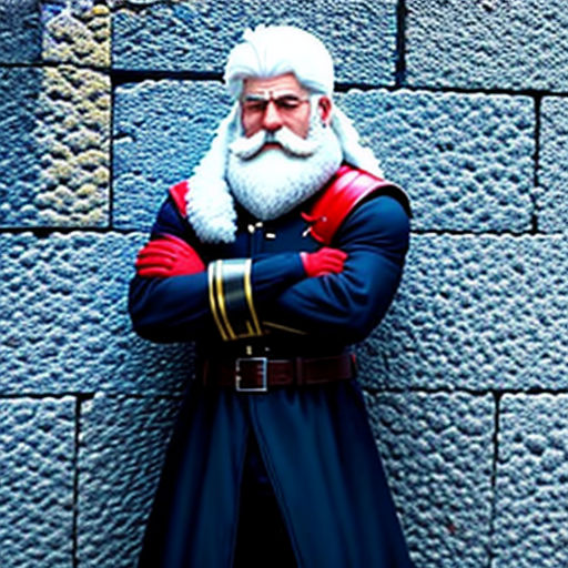 a man in a blue uniform standing in front of a wall with a white beard and a red and blue uniform
