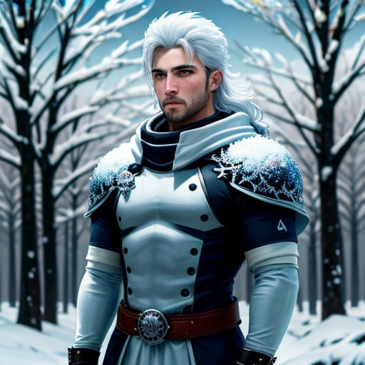 a man in a white and blue outfit standing in the snow with his hands on his hips and his hands on his hips