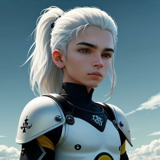 a woman with white hair and a black and yellow outfit is standing in the sky with clouds behind her
