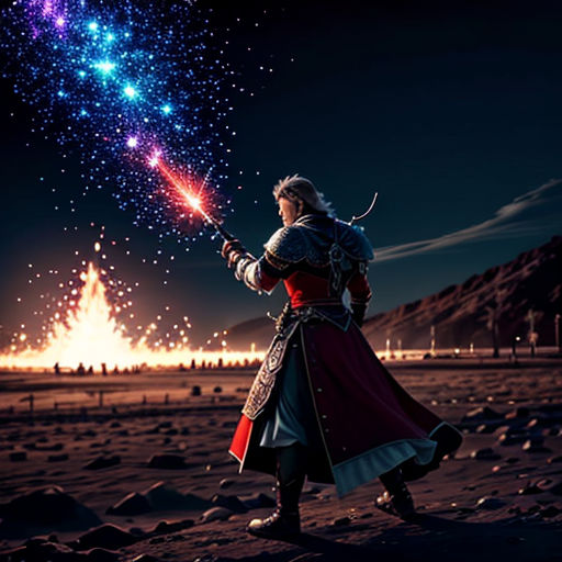 a man in a costume holding a sword in the desert at night with fireworks in the sky above him