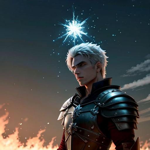 a man with white hair and a star in his hair standing in front of a sky with clouds and stars