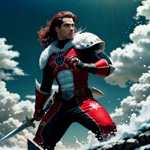 a man in a red and black outfit holding a sword in the sky with clouds behind him and a sky background