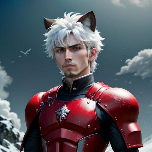 a man in a red suit with a cat on his head and a wolf on his shoulder, standing in front of a mountain