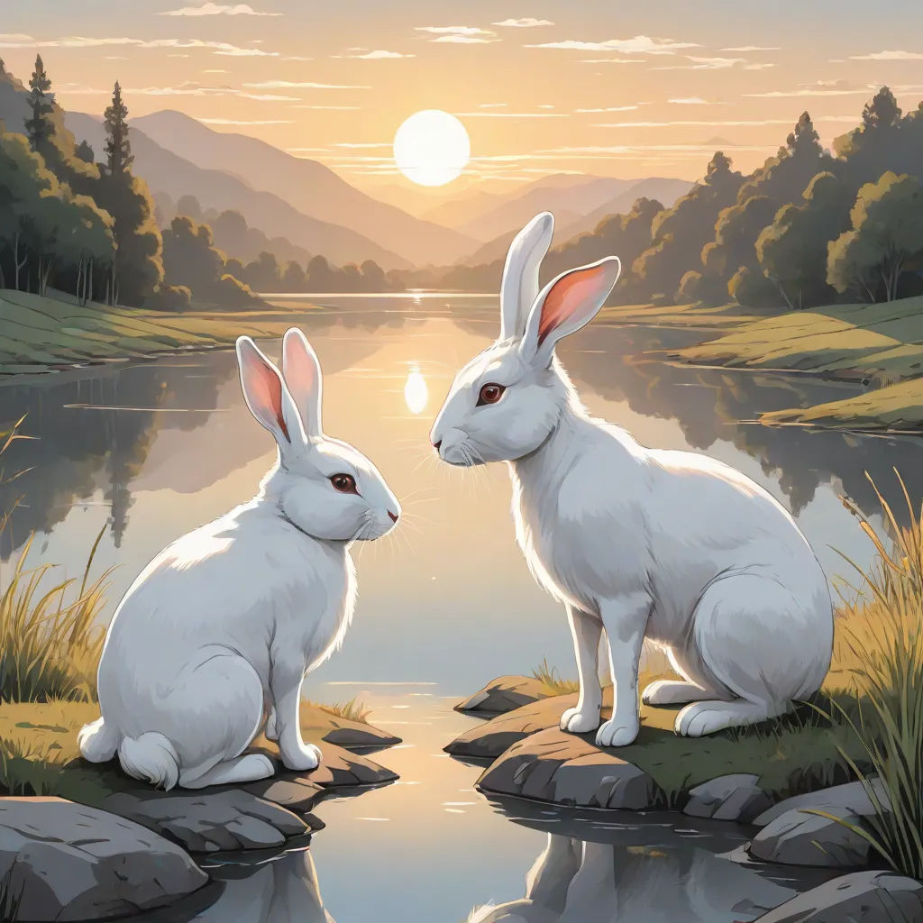 two white rabbits sitting on a rock near a lake at sunset with the sun in the background and a mountain range in the distance, Brothers Hildebrandt, magic realism, a storybook illustration, rossdraws global illumination