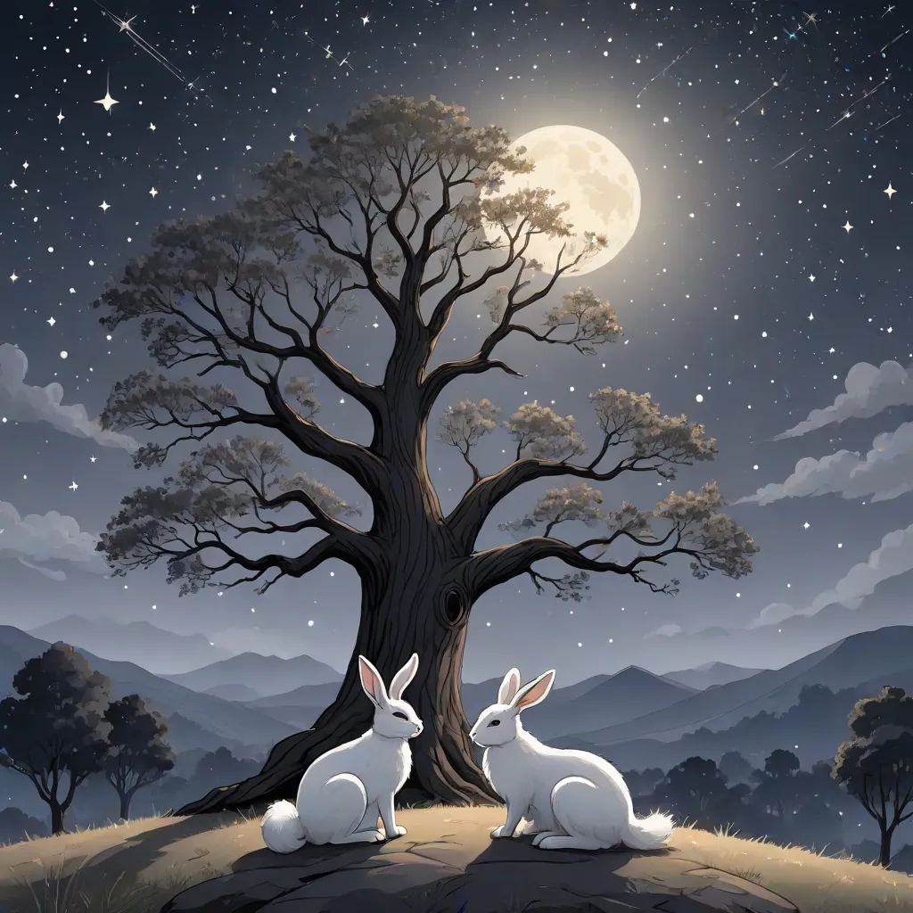 two rabbits sitting under a tree under a full moon sky with stars and a full moon in the background, David Martin, magical realism, a storybook illustration, storybook illustration
