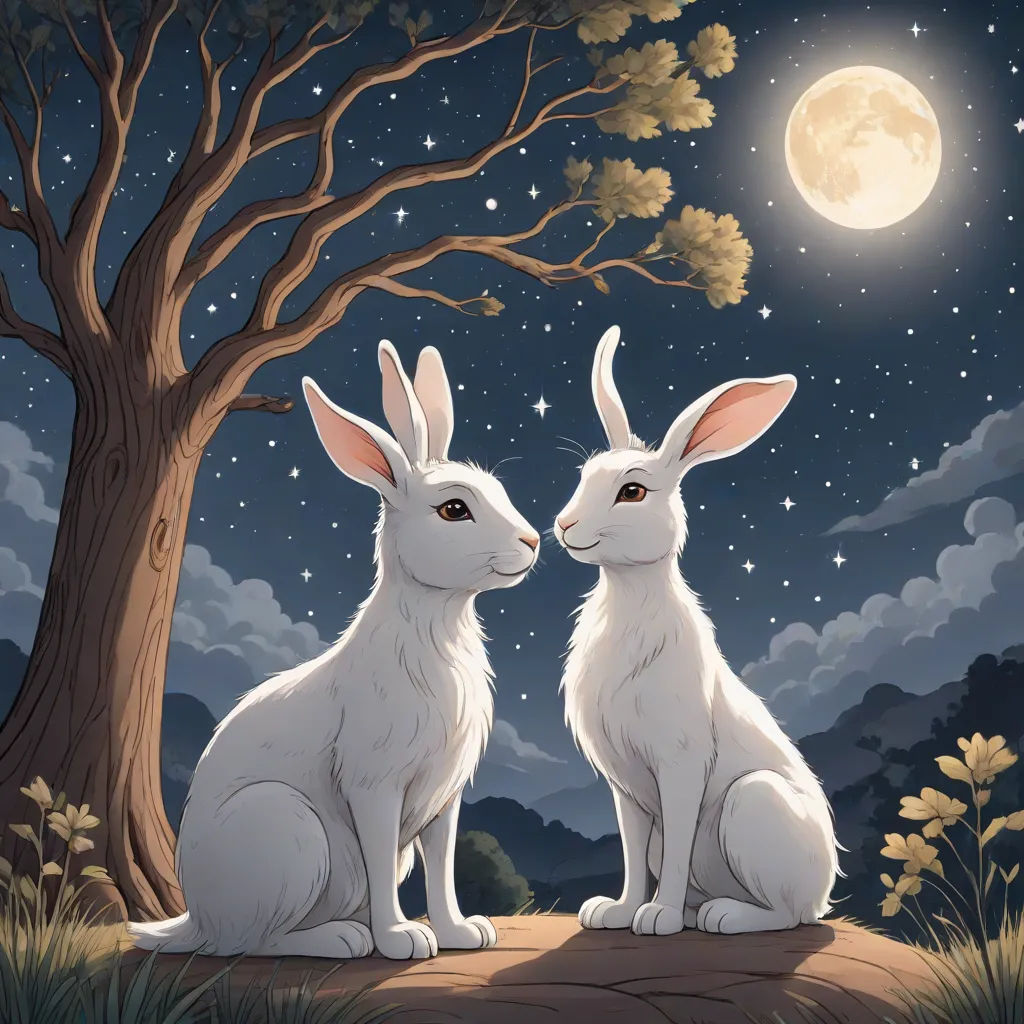 two white rabbits sitting under a tree at night with the moon in the background and stars in the sky, Beatrix Potter, pop surrealism, a storybook illustration, rossdraws global illumination