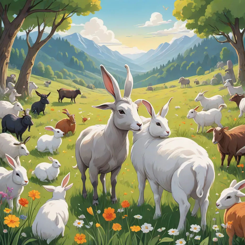 a painting of a herd of sheep and goats in a field with mountains in the background and flowers in the foreground, Chris LaBrooy, furry art, a storybook illustration, furaffinity