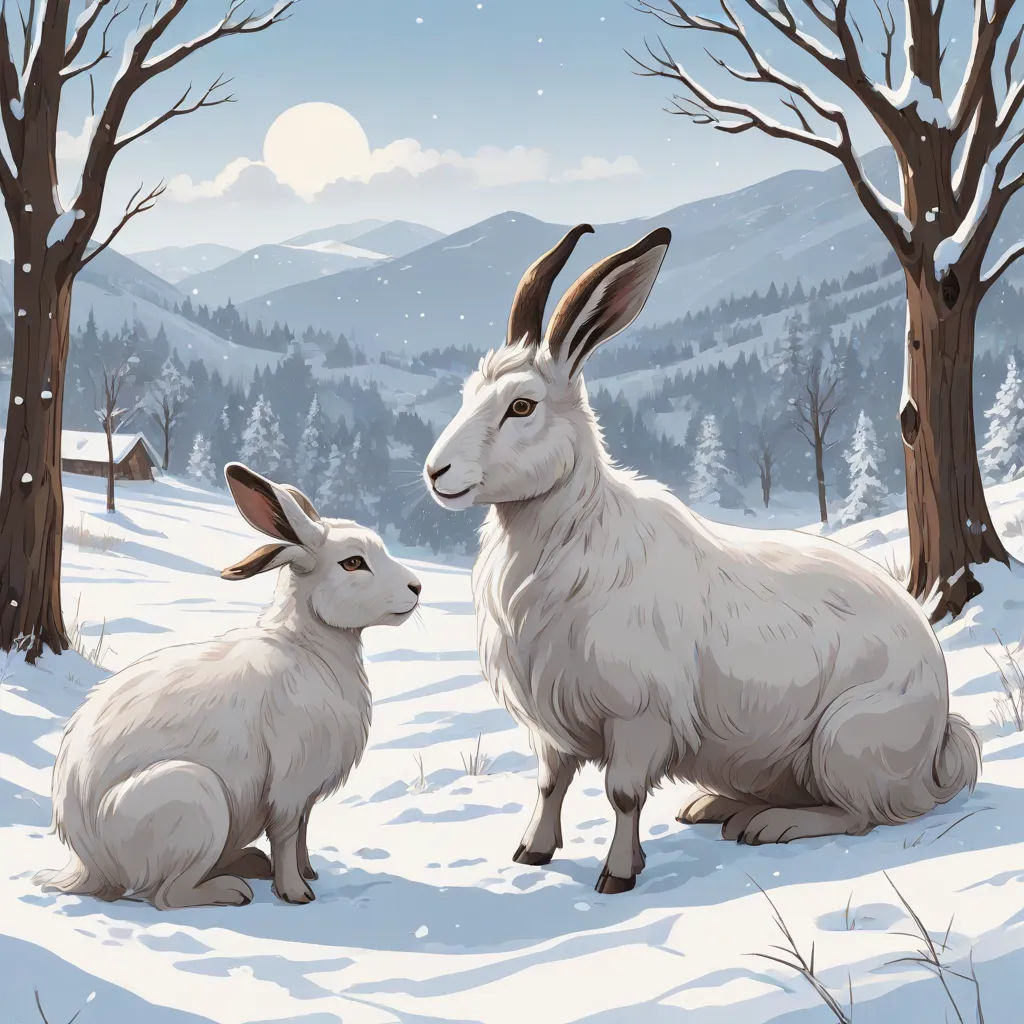 a painting of two goats in the snow near trees and a mountain range with snow on it's ground, Chris LaBrooy, naive art, a storybook illustration, storybook illustration