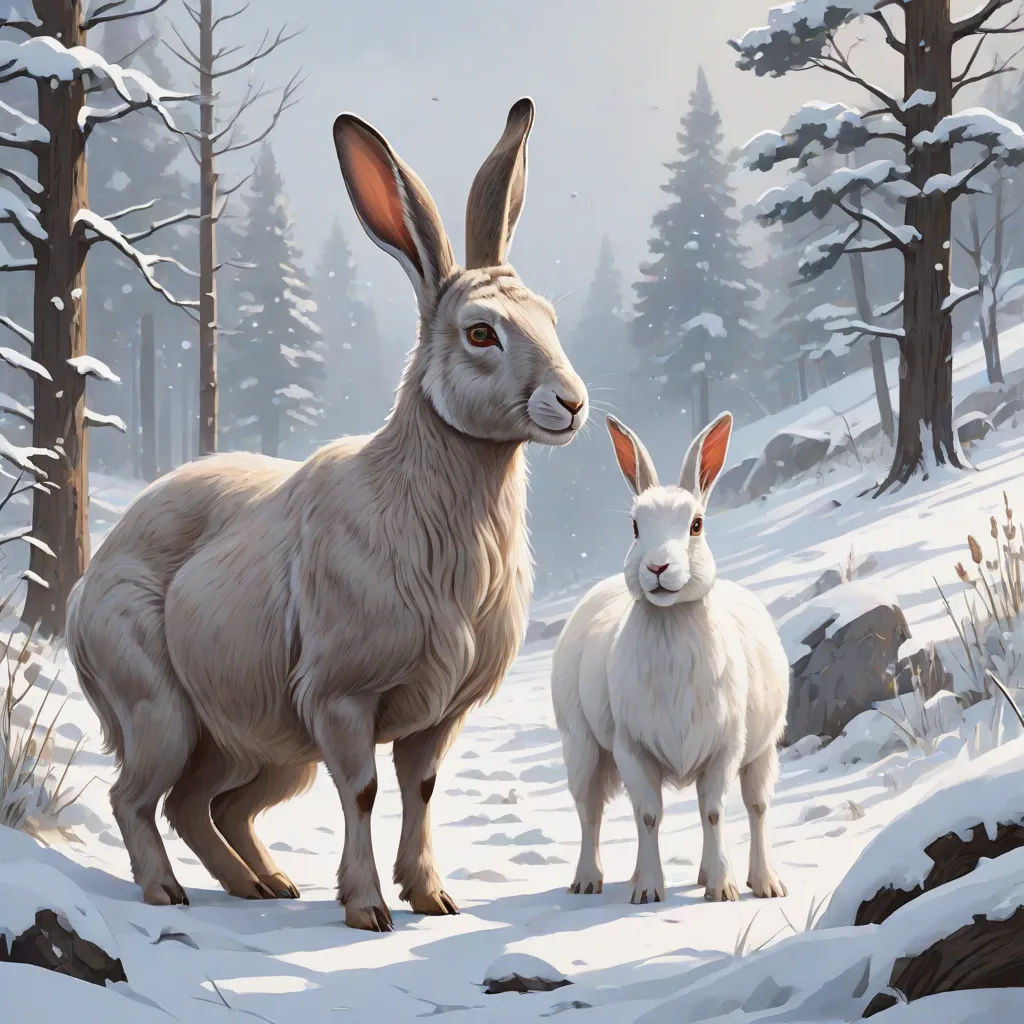 a painting of two rabbits in the snow with trees in the background and snow on the ground and rocks in the foreground, Chris LaBrooy, furry art, an oil painting, leesha hannigan