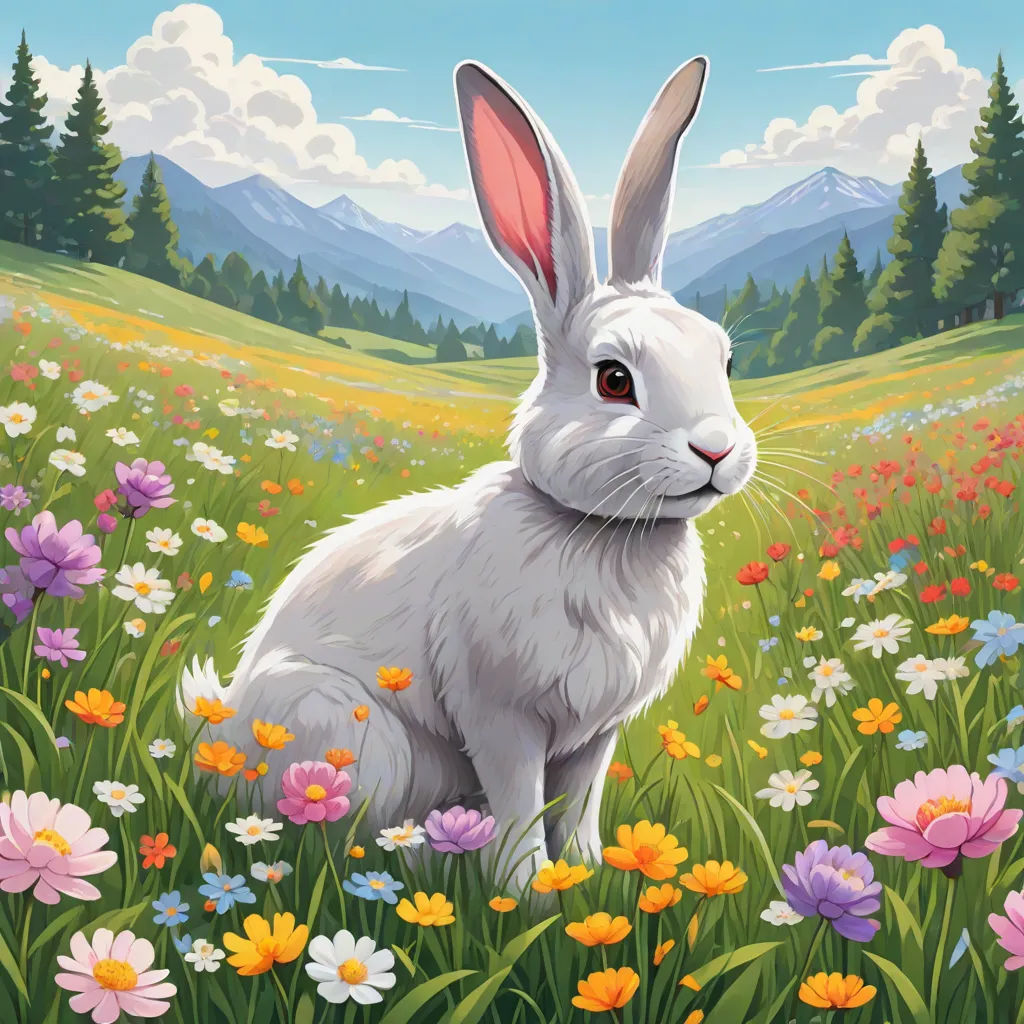 a painting of a white rabbit sitting in a field of flowers with mountains in the background and clouds in the sky, Chris LaBrooy, furry art, an airbrush painting, rossdraws global illumination