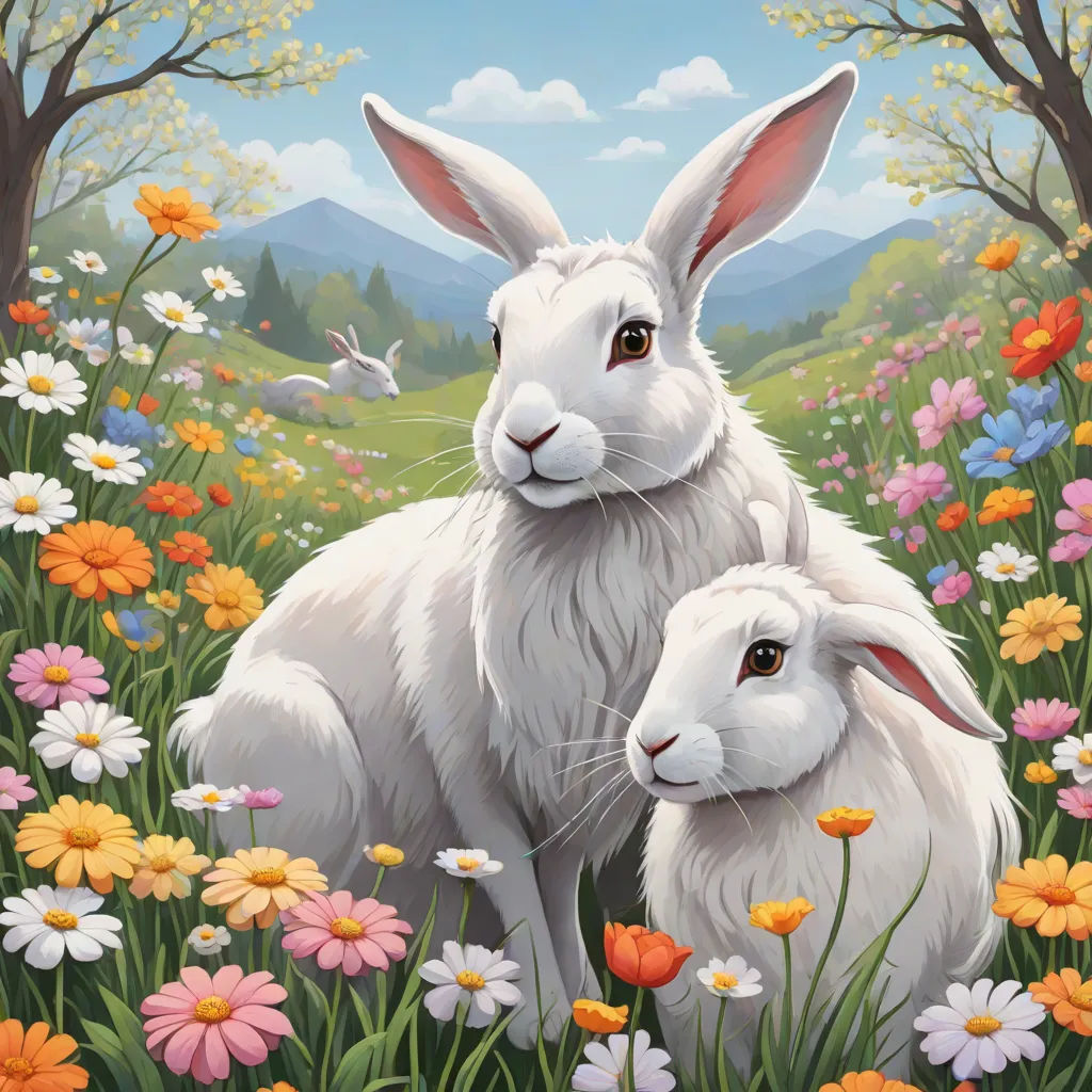 a painting of two rabbits in a field of flowers and trees with a blue sky in the background and a mountain range in the distance, Chris LaBrooy, naive art, a detailed painting, highly detailed digital painting